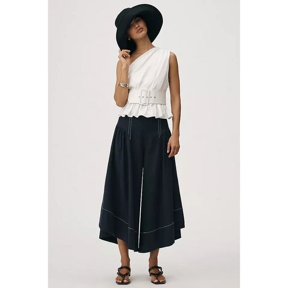 By Anthropologie Linen Extended Waist Wide Leg Pants NAVY 12 - Picture 2 of 3